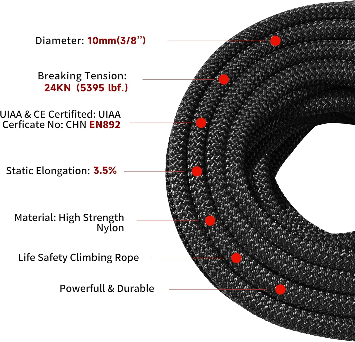 Static Climbing Rope Safety Nylon Kernmantle Rope for Outdoor Indoor Climbing Rope Rappelling Equipment Rope Survival Cord UIAA Certified